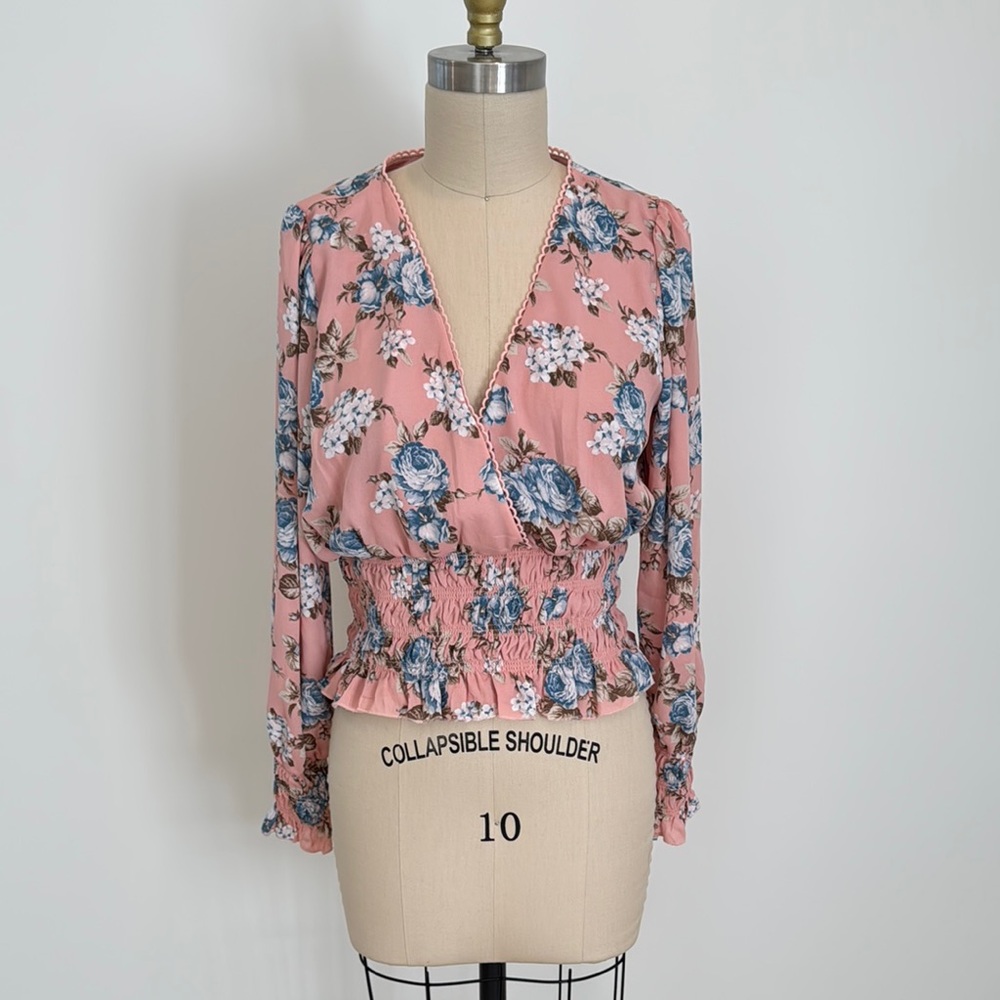 Wayf Pink and Blue Ruched Blouse